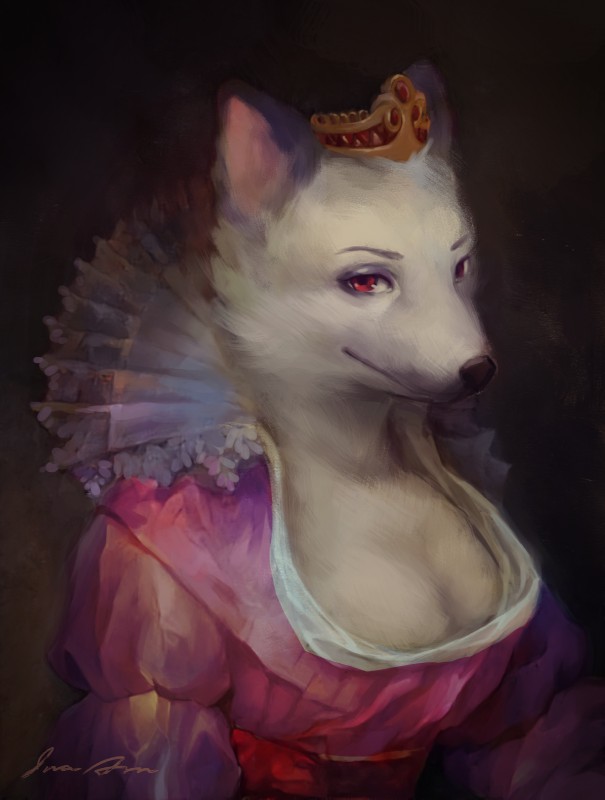 anthro big_breasts breasts cleavage clothed clothing crown dress female fully_clothed fur headgear lace looking_at_viewer queen red_eyes royalty ruff_(clothing) smile solo white_body white_fur ira-arn nakhta canid canine fox mammal hi_res portrait signature