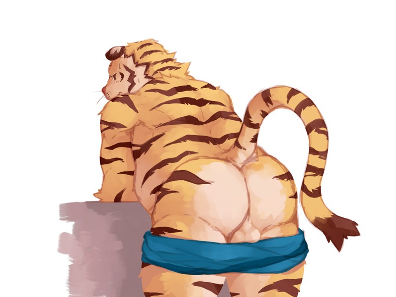 anthro backsack balls bodily_fluids butt clothed clothing fur genitals male markings perineum rear_view simple_background solo striped_body striped_fur striped_markings striped_tail stripes sweat tail tail_markings topless lowerkuo felid mammal pantherine tiger 2018 4:3