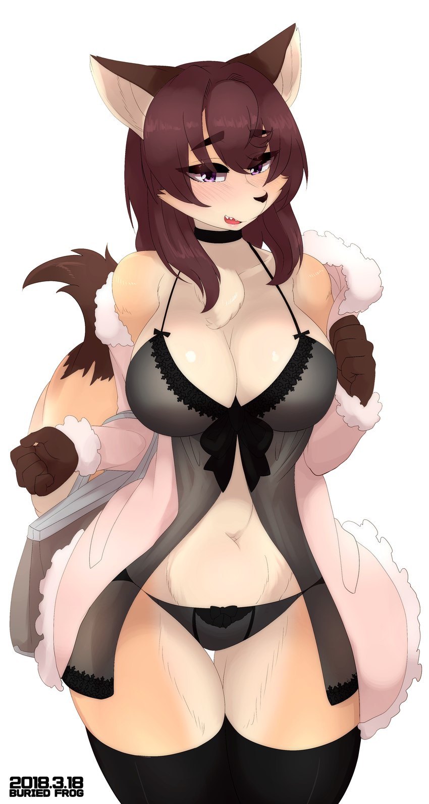 anthro bathrobe black_clothing black_legwear black_thigh_highs blush breasts cleavage clothed clothing female fluffy fluffy_clothing fluffy_tail legwear lingerie looking_at_viewer negligee nightgown open_mouth partially_clothed pink_eyes robe sharp_teeth shy solo tail teeth thigh_gap thigh_highs wide_hips buried_frog canid canine fox mammal 2018 absurd_res hi_res