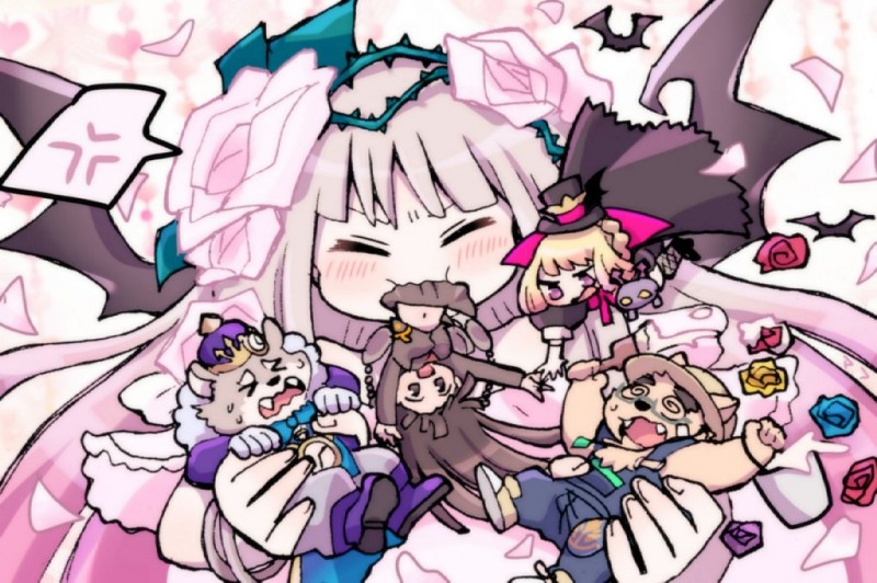 anthro chibi clothed clothing female flower group holidays male plant rose_(flower) wings mufksin halloween lifewonders tokyo_afterschool_summoners alice_(tas) female_protagonist_(tas) jambavan_(tas) protagonist_(tas) volos_(tas) bear human humanoid mammal vampire winged_humanoid 2019