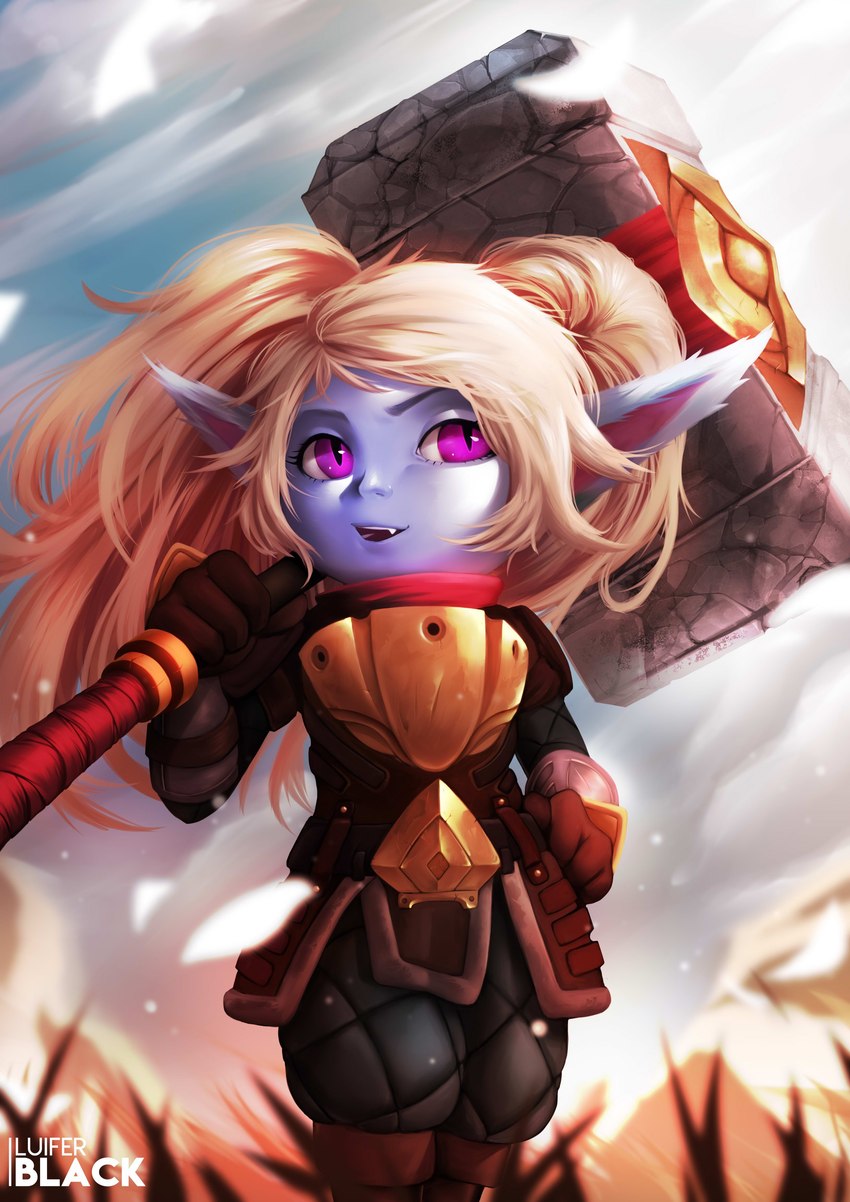 armor blonde_hair blue_body blue_skin clothed clothing cute_fangs dust fangs female fully_clothed gloves grass hair hammer hand_on_hip handwear holding_hammer holding_object holding_tool humanoid_pointy_ears maul melee_weapon plant pointy_ears purple_eyes red_scarf scarf solo teeth tools twintails_(hairstyle) weapon luifer_black league_of_legends riot_games tencent poppy_(lol) humanoid yordle 2018 absurd_res hi_res signature