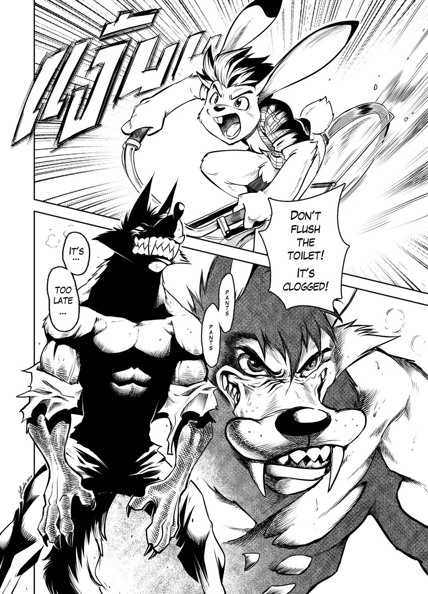 abs action_pose anthro biped claws dialogue dual_wielding fangs fight finger_claws fur grin hair holding_object holding_weapon humor kemono male melee_weapon motion_lines muscular muscular_anthro muscular_male open_mouth pose serious serious_face smile solo speech_bubble standing sword teeth text weapon piti_yindee hank_howell_(piti_yindee) canid canine canis lagomorph leporid mammal rabbit wolf absurd_res black_and_white comic digital_drawing_(artwork) digital_media_(artwork) english_text greyscale hi_res monochrome