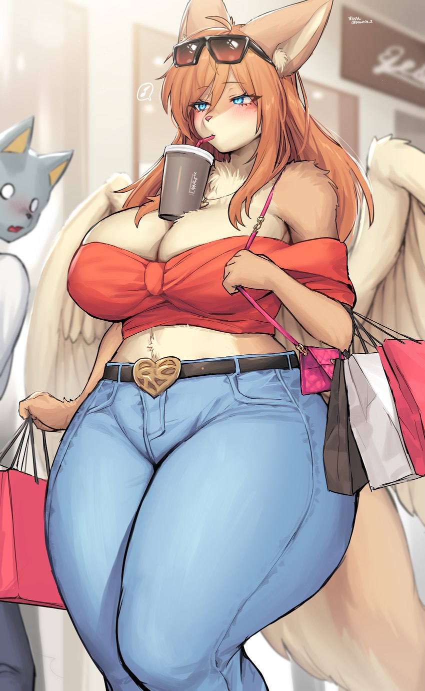 alternative_fashion anthro belly_tuft between_breasts beverage beverage_between_breasts big_breasts blue_eyes bottomwear breasts cleavage clothed clothing denim denim_bottomwear denim_clothing eye_waterline feathered_wings feathers female fully_clothed fur gyaru hair handbag huge_breasts j-fashion jeans kemono mall midriff object_between_breasts onee_gyaru pants public red_hair shocked shopping shopping_bag shoulderless_shirt tuft wings y2k_(fashion) yellow_body yellow_fur suurin_2 hands-free_bubble_tea ruby_sahira canid canine mammal absurd_res hi_res meme