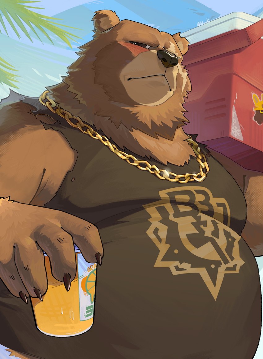 anthro belly blush brown_body brown_fur clothing cooler facial_scar fur jewelry juice_(beverage) male missing_eye necklace orange_juice overweight overweight_anthro overweight_male scar shirt solo tank_top topwear unatazaamarilla mihoyo zenless_zone_zero ben_bigger bear mammal hi_res