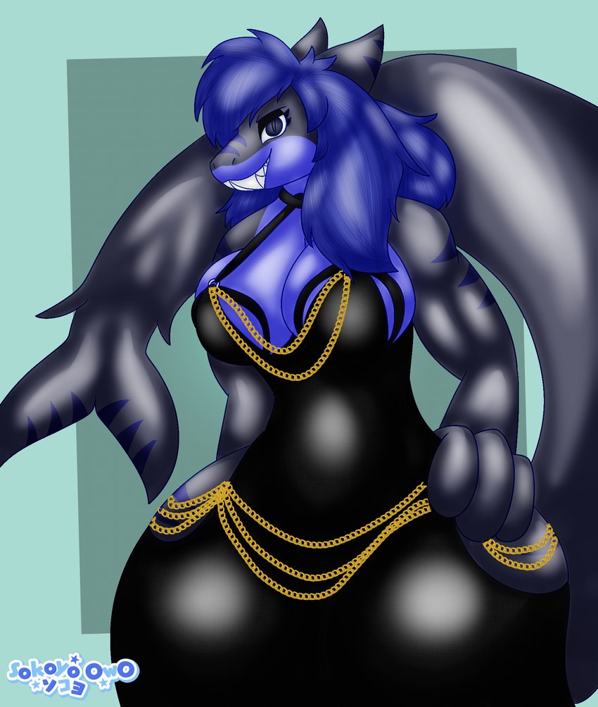 anthro black_clothing black_dress breasts chain chain_necklace clothed clothing dress female grin grinning_at_viewer hair hand_on_hip jewelry looking_at_viewer necklace smile solo tail thick_thighs wide_hips sokoyo_owo hollow_hip_backless_chain_dress meme_clothing fish marine shark hi_res meme