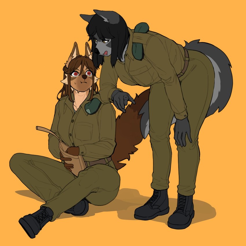 anthro brown_body brown_fur clothed clothing duo female fully_clothed fur grey_body grey_fur hair military military_uniform tail uniform kambo lenka_(janjin192) canid canine canis mammal wolf 2022 hi_res