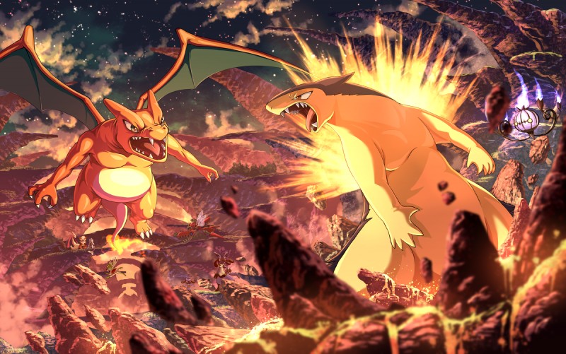 duo_focus feral fire group teeth wings karamimame nintendo pokemon arcanine chandelure charizard generation_1_pokemon generation_2_pokemon generation_3_pokemon generation_4_pokemon generation_5_pokemon generation_6_pokemon generation_7_pokemon legendary_pokemon lucario mega_evolution mega_scizor milotic pokemon_(species) primarina riolu shaymin sky_forme_shaymin typhlosion hi_res