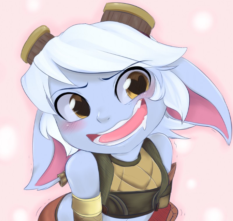 anthro bare_shoulders blue_body blue_skin blush clothing ear_piercing eyewear female goggles hair heart_eyes heart_symbol open_mouth piercing short_stack solo topwear vest white_hair bandlebro league_of_legends riot_games tencent tristana_(lol) mammal yordle