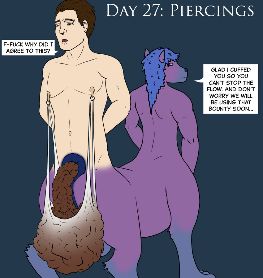 ambiguous_gender anus bag bdsm blue_eyes blue_hair bondage bound brown_eyes brown_hair duo ear_piercing facial_piercing feces fur hair lip_piercing male nipple_piercing nipple_ring nipples nose_piercing nose_ring nude piercing pooping purple_body purple_fur ring_piercing scatplay septum_piercing septum_ring speech_bubble text jorane-aran human mammal rear_taur taur two_taur unknown_species english_text hi_res