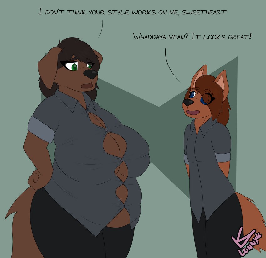 ambiguous_gender anthro belly belly_overhang big_belly big_breasts breasts cleavage clothed clothing dialogue duo female overweight overweight_female stretched_clothing text wardrobe_malfunction lonnyk lani_(lonnyk) sonia_(lonnyk) bird_dog canid canine canis domestic_dog hunting_dog labrador mammal retriever english_text hi_res