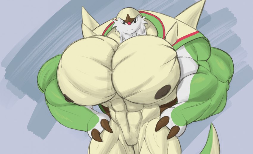 anthro big_muscles big_pecs front_view frown grey_nipples hand_on_hip huge_muscles huge_pecs hyper hyper_muscles hyper_pecs looking_at_viewer male muscular nipples nude pecs solo spikes yellow_body sonicgamer nintendo pokemon chesnaught generation_6_pokemon pokemon_(species) 2024 hi_res