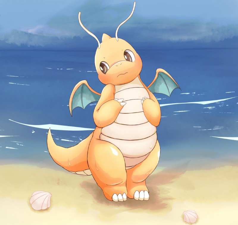 beach blush looking_away nervous outside sea seashell seaside shell sky solo standing water wet wings yellow_body yellow_skin mei_(artist) nintendo pokemon dragonite generation_1_pokemon pokemon_(species) 2014