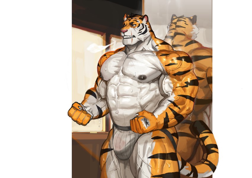 abs anthro bodily_fluids bulge clothing fur male muscular muscular_anthro muscular_male nipples pecs solo sweat tail underwear vein veiny_muscles white_body white_fur traver009 coach_ho felid mammal pantherine tiger absurd_res digital_media_(artwork) hi_res