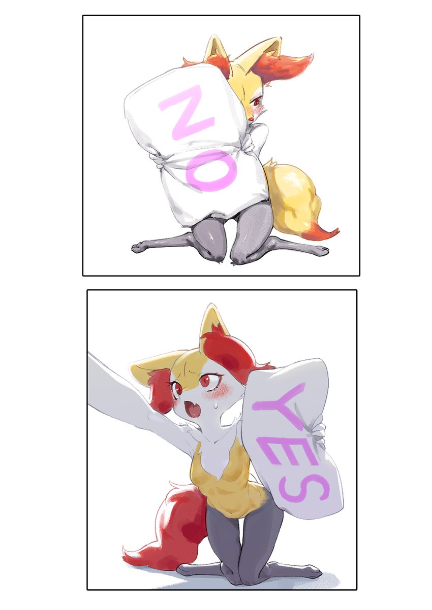 anthro blush breasts dipstick_tail embarrassed female fur holding_object holding_pillow inner_ear_fluff kneeling looking_away markings no_pillow pillow reaching_towards_viewer red_body red_fur small_breasts solo tail tail_markings tuft yellow_body yellow_fur yes-no_pillow yes_pillow gudlmok99 nintendo pokemon braixen canid canine generation_6_pokemon mammal pokemon_(species) hi_res meme