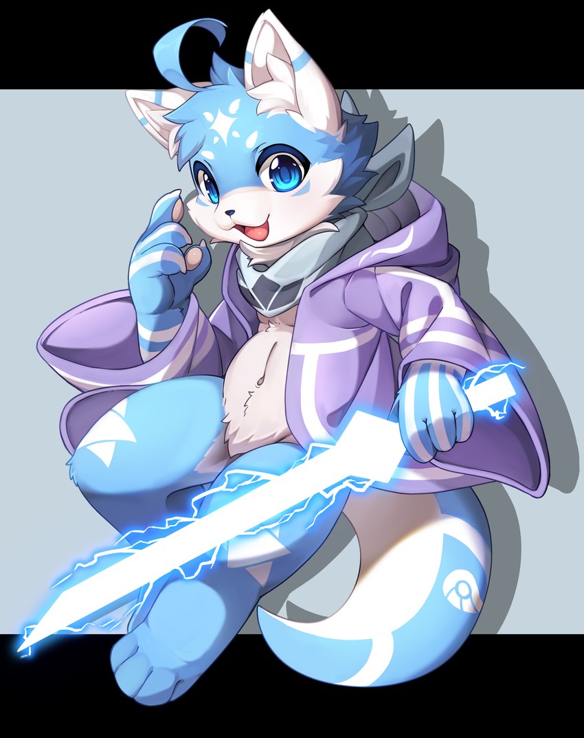 :3 ahoge ambiguous_gender anthro blue_body blue_eyes blue_fur blue_tail bottomless cheek_tuft clothed clothing crotch_fur ear_markings energy_sword facial_markings facial_tuft fur glistening glistening_eyes grey_scarf hair head_markings holding_melee_weapon holding_object holding_sword holding_weapon kemono leg_markings looking_at_viewer markings melee_weapon multicolored_body navel neck_tuft open_mouth pawpads purple_clothing purple_robe robe scard scarf solo sword tail tail_markings thigh_markings tuft two_tone_body two_tone_face weapon white_body white_fur white_markings white_pawpads young young_anthro lio29227541 canid canine fox hybrid mammal 2020 absurd_res digital_media_(artwork) hi_res letterbox shaded