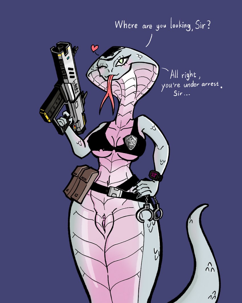 apode big_breasts bottomless breaking_the_fourth_wall breasts clothed clothing female genitals green_eyes legless long_tail long_tongue looking_at_viewer no_underwear one_eye_closed police pussy serpentine skimpy solo tail text tongue weapon wink wink_emoticon winking_at_viewer squidking x-com x-com:_chimera_squad agent_torque cobra draconcopode naga reptile scalie snake viper_(x-com) 4:5 english_text hi_res