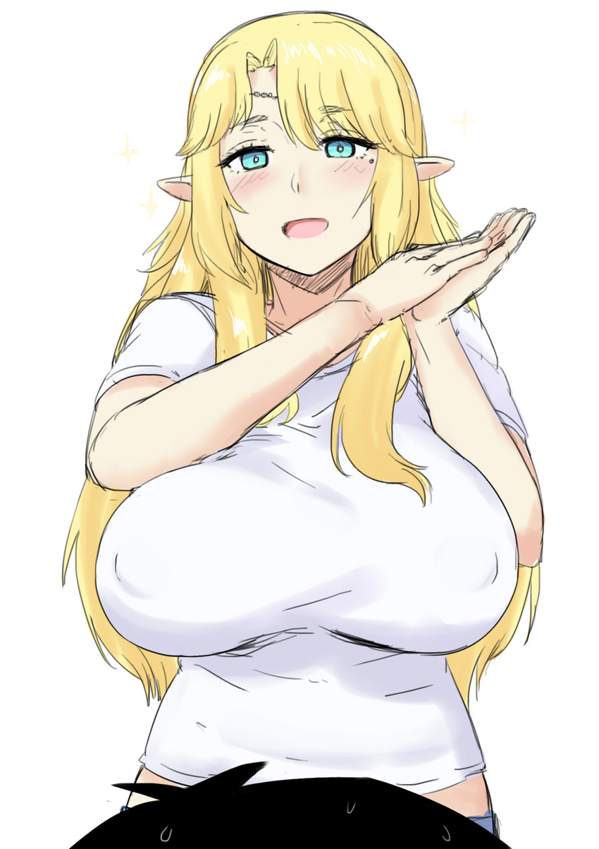 ambiguous_gender big_breasts blonde_hair blue_eyes blush bodily_fluids breasts clothed clothing duo female hair not_furry simple_background solo_focus sweat white_background nao_(artist) elf humanoid digital_media_(artwork) hi_res shaded