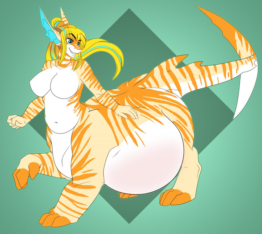 abstract_background belly blonde_hair blue_eyes breasts countershading female fin hair markings orange_markings pregnant pregnant_female pregnant_taur solo standing striped_body stripes tail tail_fin taur_lower_pregnancy white_belly yellow_body pregoo sasha_sweets fish fish_taur marine shark shark_taur taur digital_media_(artwork)