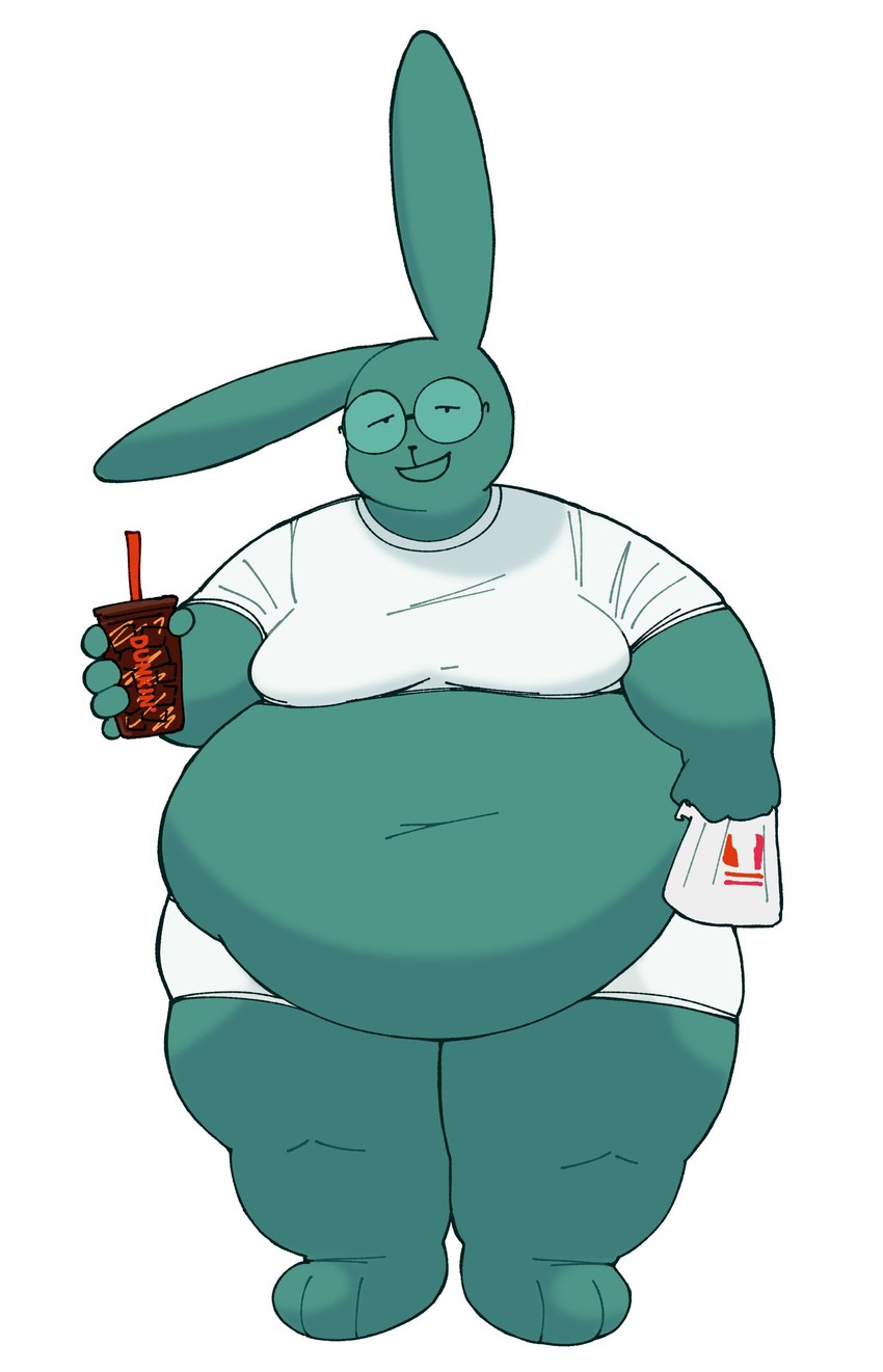 3_toes 5_fingers anthro bag belly belly_overhang big_belly bottomwear clothed clothing deep_navel dot_eyes eyewear feet fingers glasses green_body half-closed_eyes huge_thighs iced_coffee male moobs narrowed_eyes navel obese obese_anthro open_mouth open_smile overweight overweight_anthro overweight_male raised_clothing raised_shirt raised_topwear relaxed_expression round_glasses shirt shorts simple_eyes smile solo thick_arms thick_calves thick_thighs toes topwear calebcorduroy dunkin'_donuts simon_(calebcorduroy) lagomorph leporid mammal rabbit absurd_res hi_res