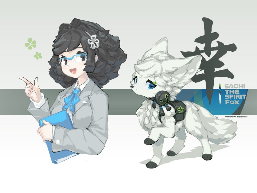 black_hair blue_book book cjk_character duo eyewear female feral fur glasses hair text white_body white_fur tysontan sachi_the_spirit_fox canid canine fox human mammal absurd_res chinese_text english_text hi_res