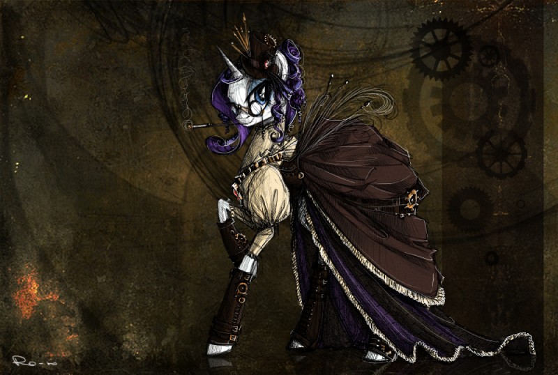 abstract_background alternative_fashion blue_eyes blue_hair cigarette_holder clothing dress eyewear female feral glasses gown hair horn j-fashion lolita_(fashion) mini_top_hat purple_hair quadruped simple_background smile smoking solo steampunk steampunk_lolita nastylady friendship_is_magic hasbro my_little_pony mythology rarity_(mlp) equid equine mammal mythological_creature mythological_equine unicorn 2012 brown_theme