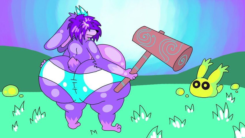 anthro antlers belly big_belly big_butt butt clothing hair hammer horn huge_butt hyper hyper_butt male purple_body purple_hair slime solo tools underwear dahliathefox atlyss koyoon_(dahliathefox) goo_creature lagomorph leporid mammal poon_(atlyss) rabbit 16:9 hi_res widescreen