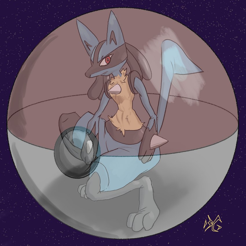 abstract_background ambiguous_gender anthro athletic blue_body blue_fur crouching fur in_pokeball pokeball red_eyes solo bearglyph nintendo pokemon generation_4_pokemon lucario pokemon_(species) 1:1 absurd_res hi_res