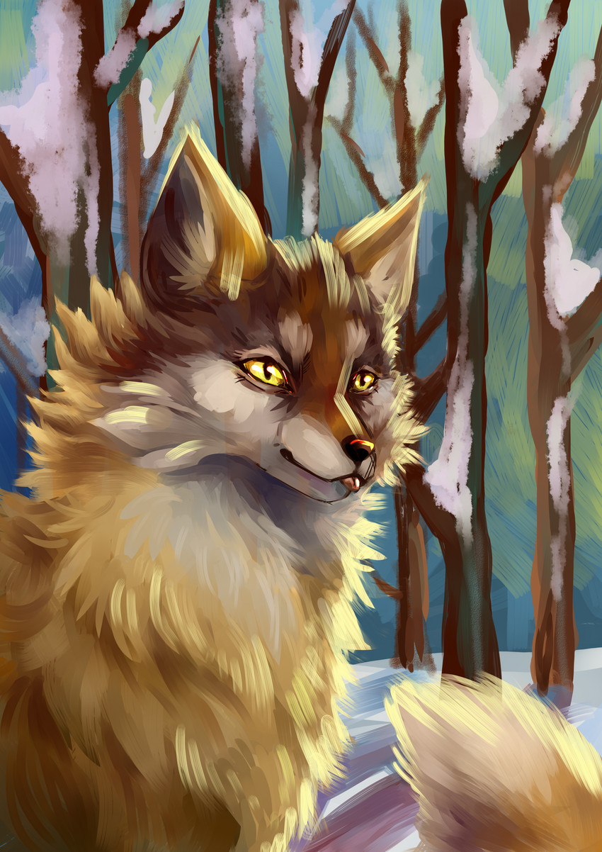 blep feral fluffy forest fur male outside plant smile snow solo tongue tongue_out tree fennefox canid canine corsac_fox fox mammal true_fox absurd_res half-length_portrait hi_res portrait wallpaper