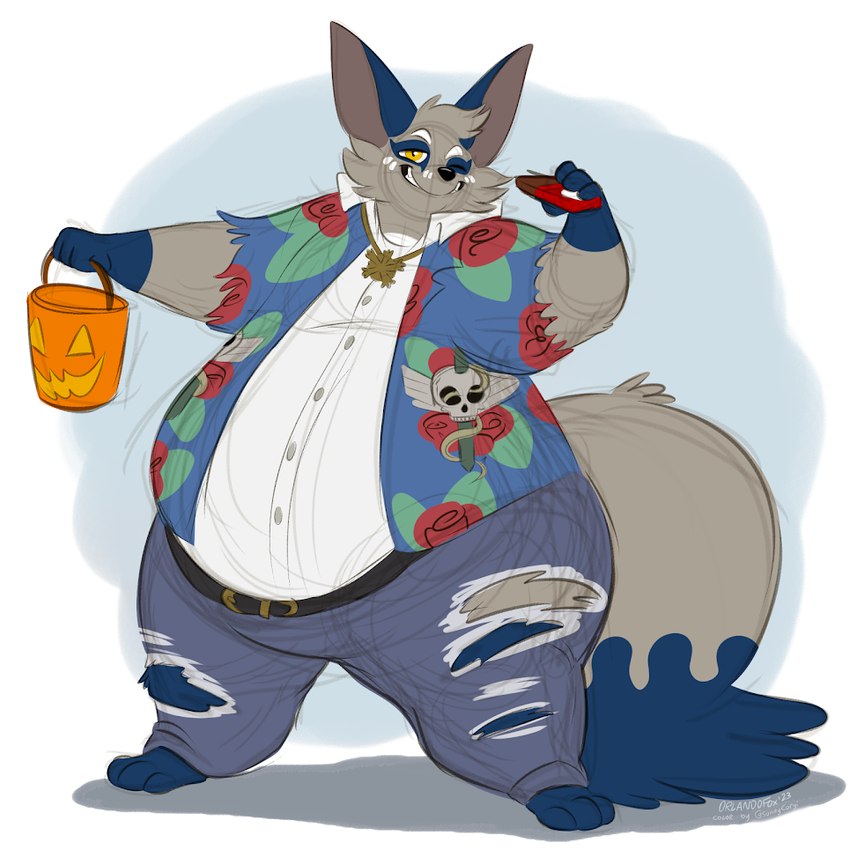 anthro belly big_belly big_tail candy chocolate chocolate_bar clothing costume dessert food halloween_costume holidays male overweight tail orlandofox halloween nintendo pokemon canid canine generation_8_pokemon mammal nickit pokemon_(species)