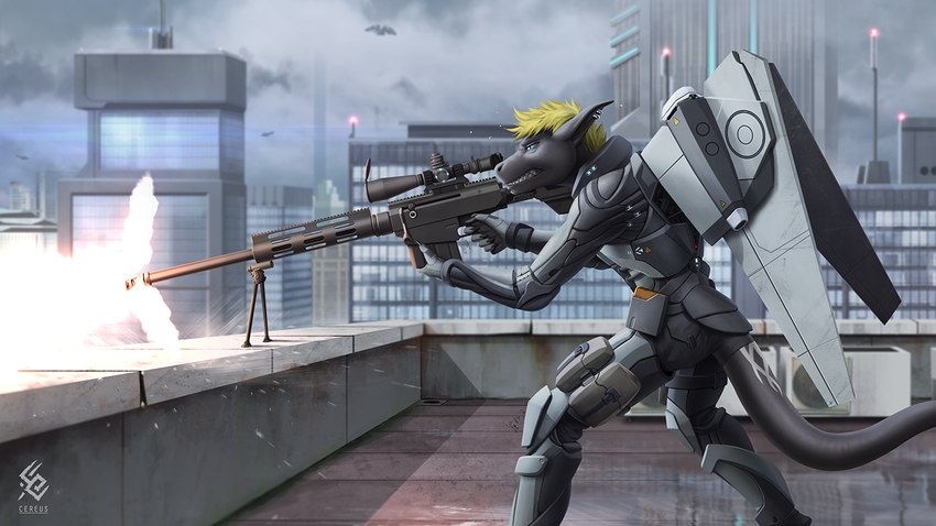 anthro armor blonde_hair blue_eyes body_armor building city clothed clothing cloud cuisse detailed_background ear_piercing ear_ring elbow_pads futuristic futuristic_armor greaves grey_armor grey_body gun hair holding_sniper_rifle jet_pack logo male mechanical_wings military narrowed_eyes outside piercing poleyn pouches ranged_weapon rifle ring_piercing rooftop shooting side_view sniper sniper_rifle soldier solo standing tail tassets teeth text warrior weapon cereus93 mythology dragon mythological_creature mythological_scalie scalie 16:9 artist_logo artist_name character_request widescreen