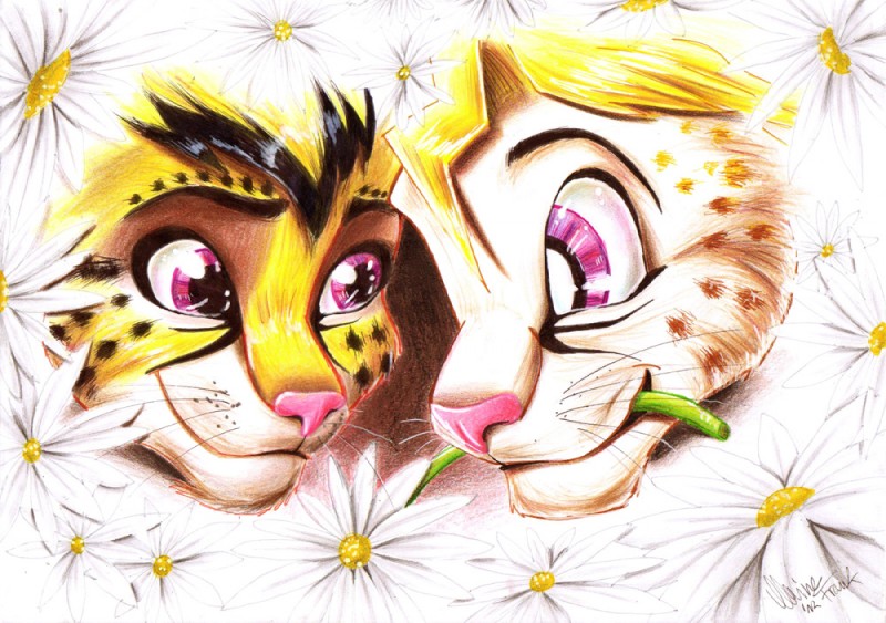 ambiguous_gender anthro duo flower plant smile fantasyisland yunaki konami yu-gi-oh! yugi domestic_cat felid feline felis mammal serval source_request