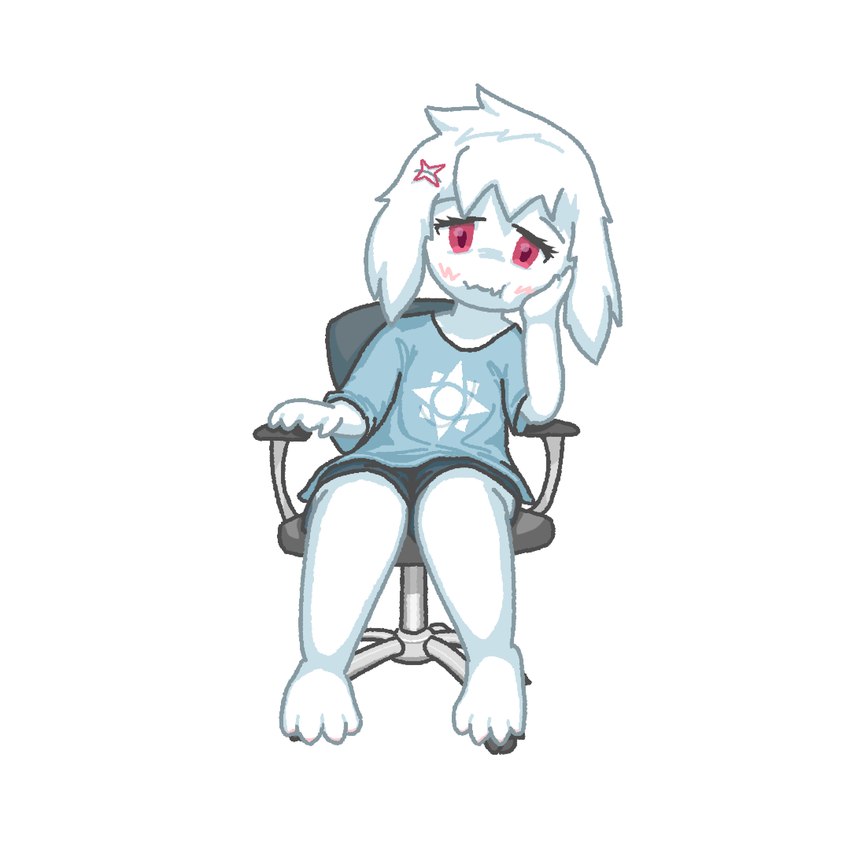 4_fingers 4_toes anthro blush blush_lines bottomwear chair clothing feet female fingers floppy_ears fur furniture hand_on_face looking_at_viewer paws red_eyes shirt shorts smile solo symbol_on_clothing symbol_on_topwear t-shirt toes topwear toriel_revulo white_body white_fur milin_goatmonsto monstio undertale_(series) toriel 1:1 hi_res