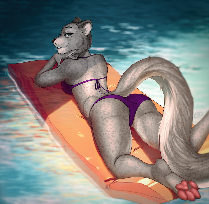 anthro bikini bikini_bottom bikini_top clothed clothing female floatie inflatable poolside solo swimwear two-piece_swimsuit idorere disney zootopia fabienne_growley felid mammal pantherine snow_leopard hi_res