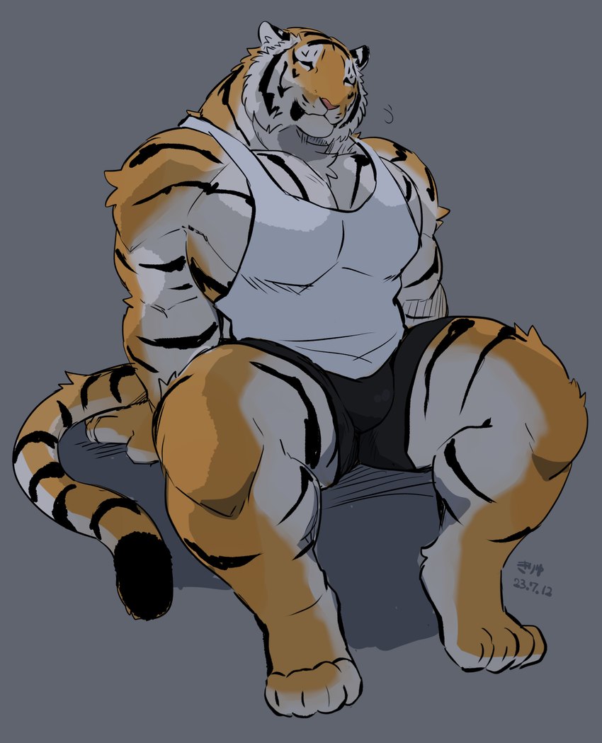 anthro barazoku barefoot big_pecs black_bottomwear black_clothing black_shorts bottomwear clothing eyes_closed feet fur hands_behind_back kemono male muscular muscular_male pecs pose shirt shorts sitting solo spread_legs spreading striped_body striped_fur stripes tank_top topwear white_clothing white_shirt white_tank_top white_topwear giraffe_(artist) lam-chan felid mammal pantherine tiger 2023 full-length_portrait hi_res portrait