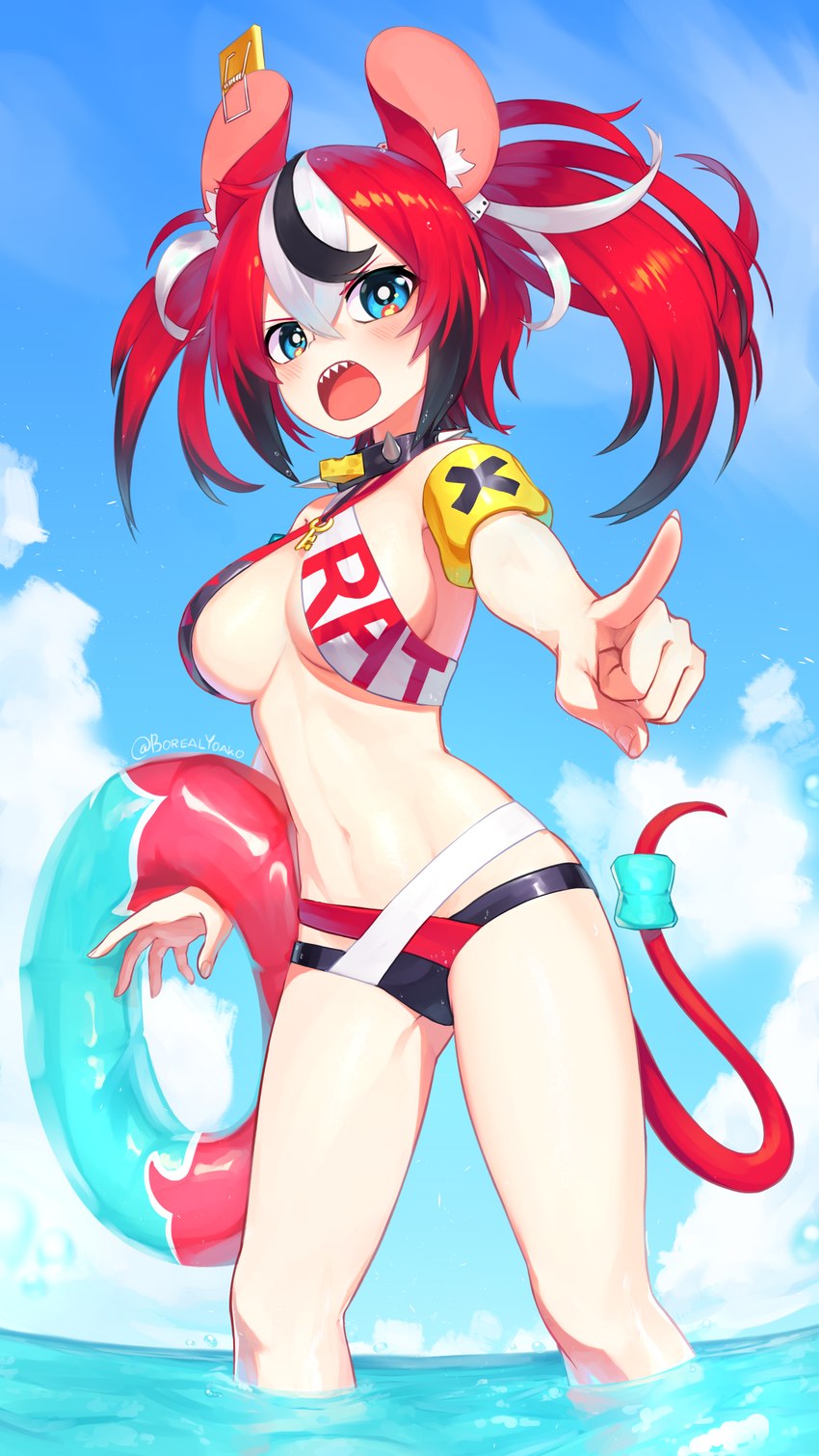 bikini black_highlights blue_eyes breasts clothing cloud collar d6 dice female hair highlights_(coloring) inner_ear_fluff key low-angle_view navel open_mouth red_hair red_tail sharp_teeth sky solo spiked_collar spikes swim_ring swimwear tail teeth text text_on_clothing text_on_swimwear tuft two-piece_swimsuit water white_highlights yoako hololive hololive_en vtuber hakos_baelz animal_humanoid humanoid mammal mammal_humanoid murid murid_humanoid murine murine_humanoid rat_humanoid rodent rodent_humanoid absurd_res english_text hi_res