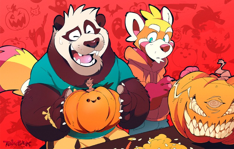 anthro clothed clothing duo food fruit holidays hoodie jack-o'-lantern male plant pumpkin shirt simple_background topwear super-tuler halloween tairu tavi ailurid bear giant_panda mammal red_panda 2017 digital_media_(artwork)