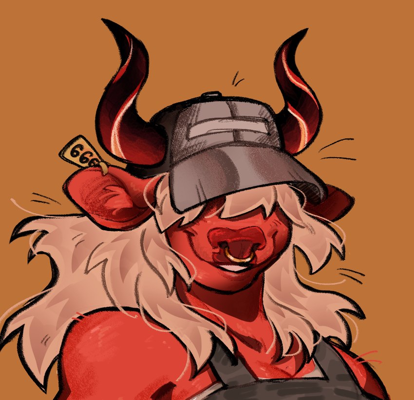 alternate_species anthro anthrofied clothing ear_piercing ear_ring ear_tag facial_piercing farmer female fluffy_ears hair hair_over_eyes horn nose_piercing nose_ring overalls piercing ring_piercing septum_piercing septum_ring solo crockuddles epic_games fortnite desdemona_(fortnite) desdemoona bovid bovine cattle demon mammal