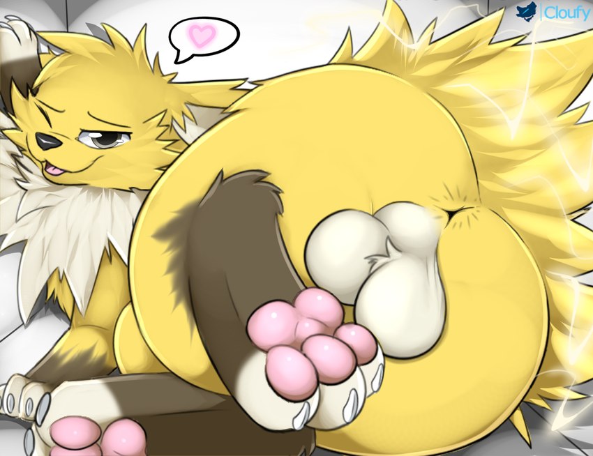 anus balls big_butt butt claws electricity electrogenesis feet feral fur genitals hindpaw looking_at_viewer looking_back male nude open_mouth pawpads paws presenting simple_background smile solo toes yellow_body yellow_fur cloufy nintendo pokemon cupcake_(cloufy) fan_character eeveelution generation_1_pokemon jolteon mammal pokemon_(species) digital_media_(artwork) hi_res