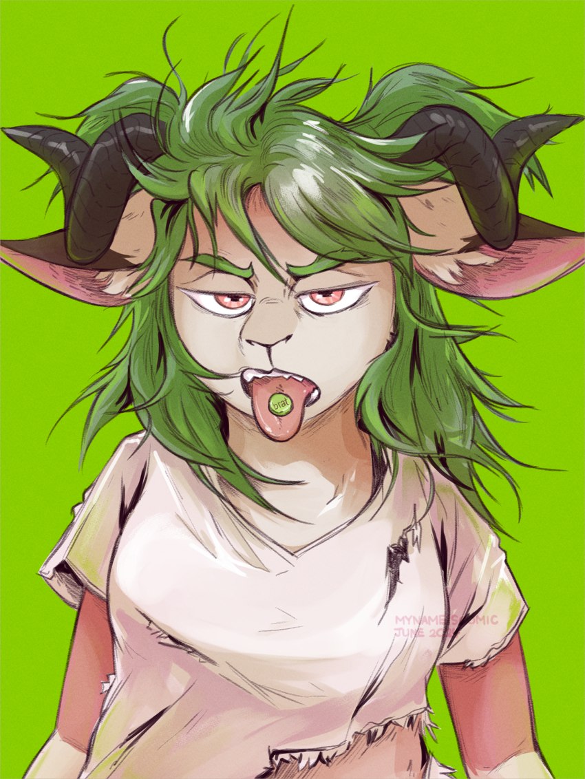 ambiguous_gender anthro clothing drugs green_hair hair horn long_hair looking_at_viewer open_mouth pills solo teeth torn_clothing mynameiscomic brat_(charli_xcx) charli_xcx bovid caprine goat mammal hi_res nonbinary_(lore)