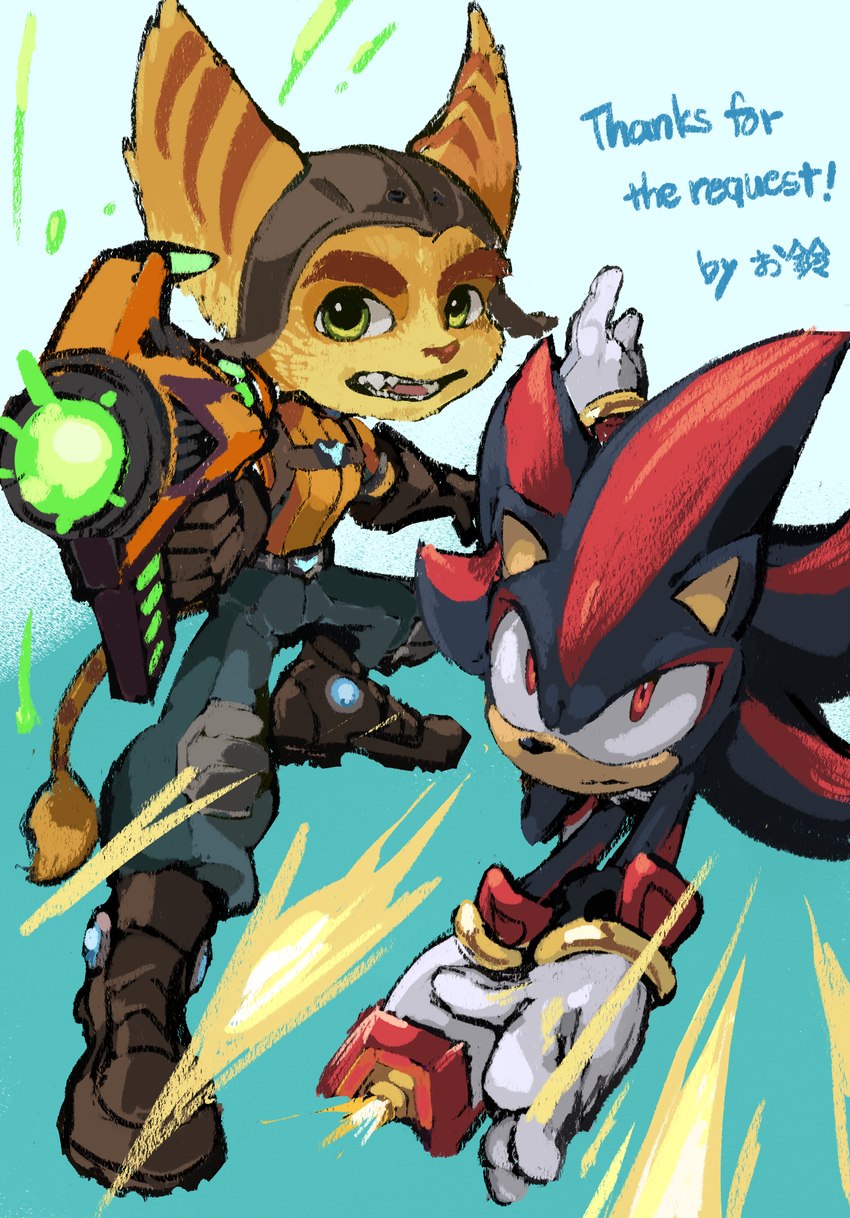 action_pose action_scene anthro black_body duo fur green_eyes gun male orange_body orange_fur pose ranged_weapon red_eyes shooting weapon yellow_body yellow_fur oriririn insomniac_games ratchet_and_clank sega sonic_the_hedgehog_(series) sony_corporation sony_interactive_entertainment ratchet_(ratchet_and_clank) shadow_the_hedgehog eulipotyphlan hedgehog lombax mammal absurd_res crossover hi_res