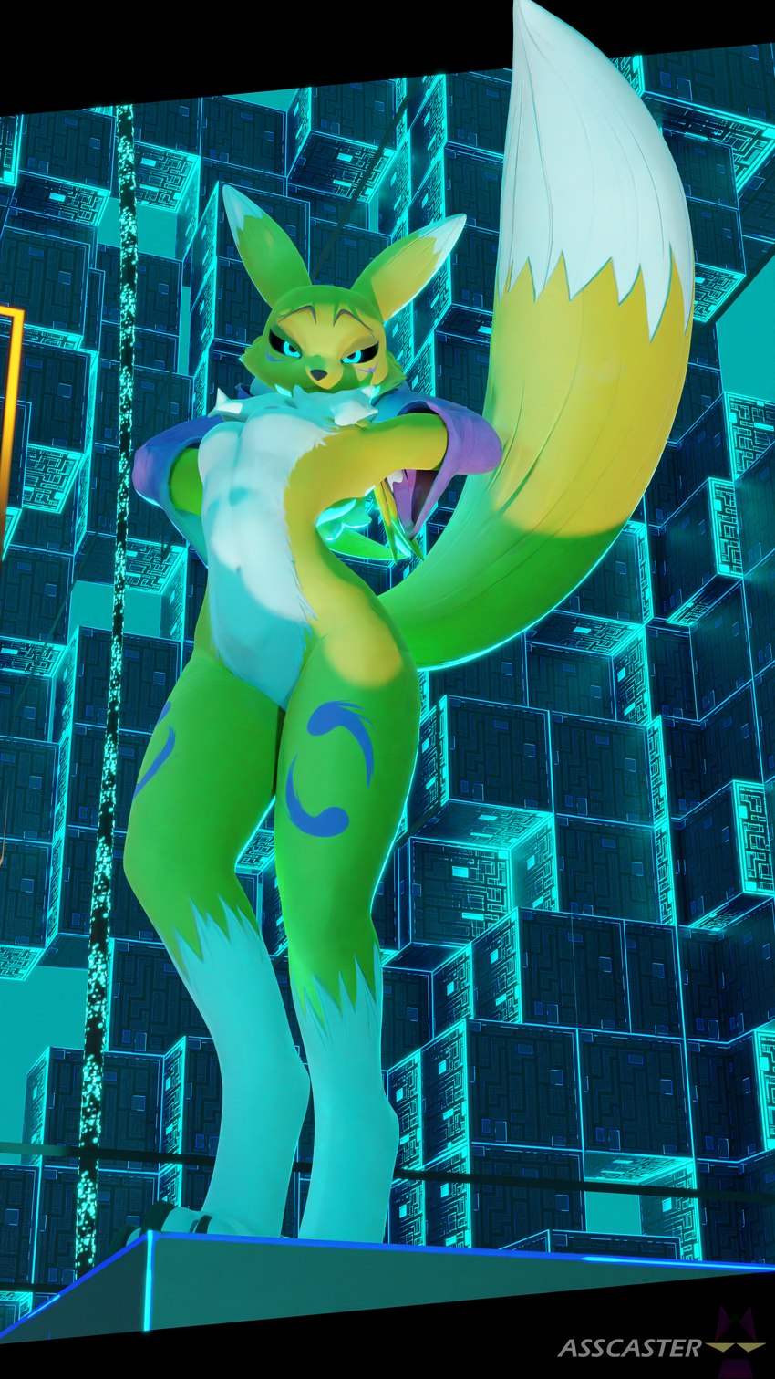 anthro big_tail black_sclera blue_eyes breasts feet female fur looking_at_viewer paws pose slim small_breasts solo tail toes white_body white_fur yellow_body yellow_fur asscaster bandai_namco digimon canid digimon_(species) mammal renamon 3d_(artwork) 4k 9:16 absurd_res blender_(artwork) digital_media_(artwork) hi_res pinup