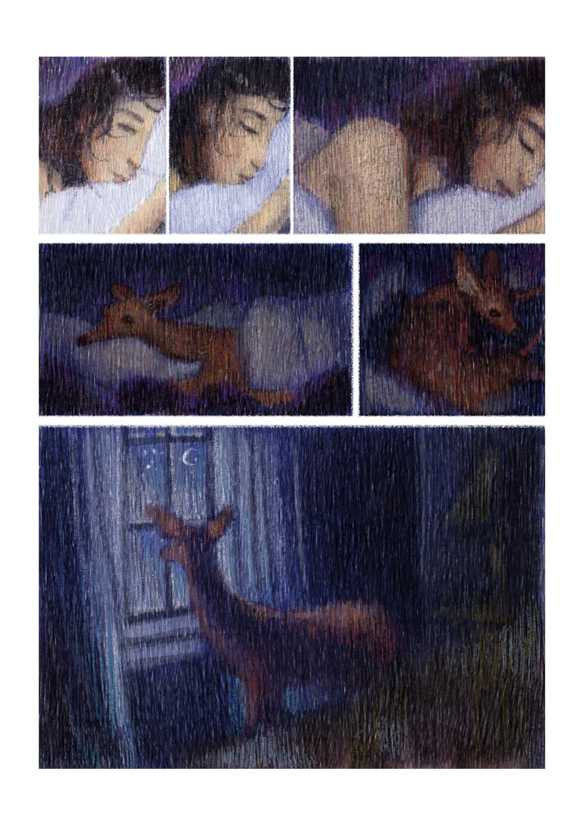 ambiguous_gender bed duo female feral furniture inside insomnia looking_outside moon night on_bed hsiangarts deer human mammal absurd_res comic hi_res traditional_media_(artwork)