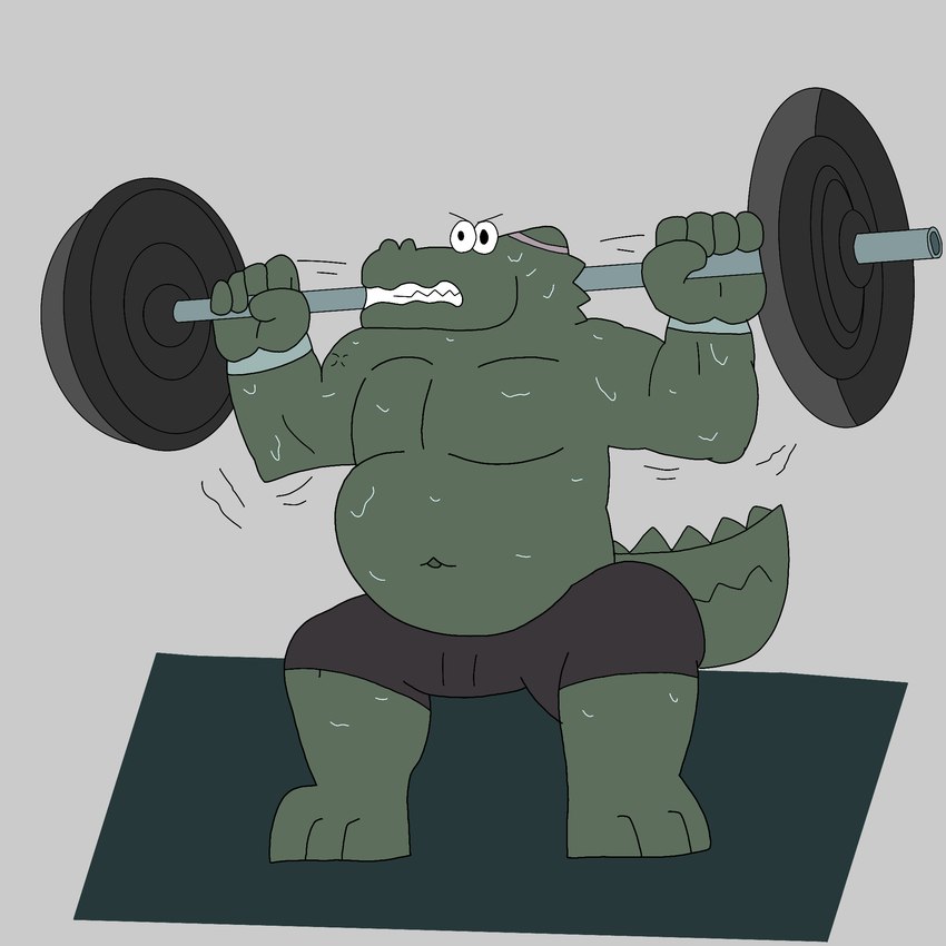 accessory anthro barbell barbell_squats biped bodily_fluids bottomwear clothing dialogue exercise male male_anthro muscular muscular_anthro muscular_male shorts simple_background slightly_chubby slightly_chubby_anthro slightly_chubby_male solo squats sweat sweatband tail teeth weights workout rafaelart_br later_alligator pillowfight smallbu gentle_lorenzo alligator alligatorid crocodilian reptile scalie 1:1 hi_res