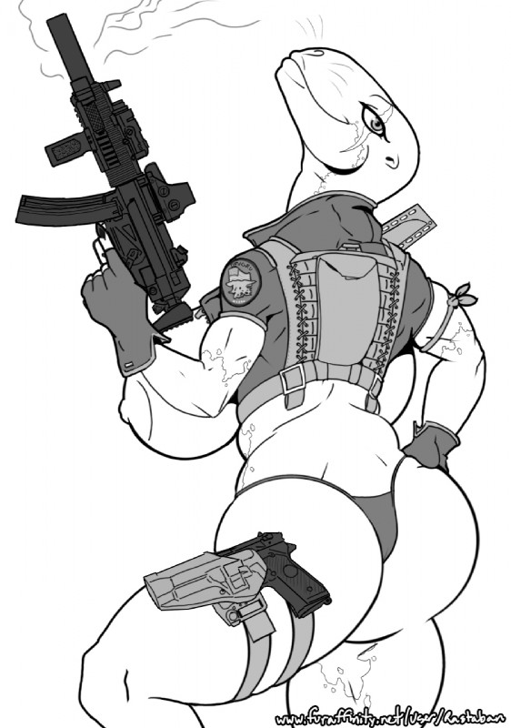 anthro areola big_breasts birthmark breasts butt clothed clothing female fingerless_gloves gloves gun handgun handwear holding_gun holding_object holding_ranged_weapon holding_weapon looking_at_viewer markings muscular muscular_anthro muscular_female nipples pistol ranged_weapon rifle sheathed_weapon slightly_chubby smile solo standing thick_thighs weapon rastaban_coal juno_(spirit_of_momad) leopard_seal mammal marine pinniped seal hi_res monochrome