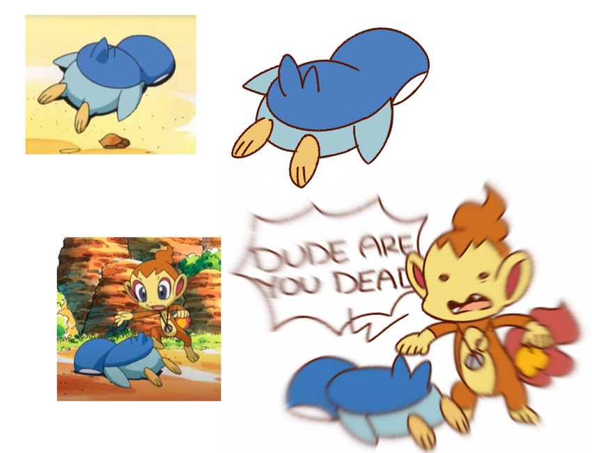 duo feral humor male relic sand aimer_arts nintendo pokemon pokemon_mystery_dungeon spike_chunsoft chimchar generation_4_pokemon piplup pokemon_(species) hi_res redraw