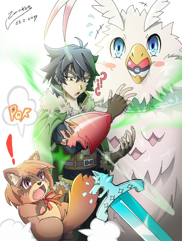 ambiguous_gender beak blush clothed clothing exclamation_point feral group looking_at_viewer male melee_weapon open_mouth pokeball question_mark simple_background standard_pokeball surprise sword tongue weapon white_background zoruken nintendo pokemon the_rising_of_the_shield_hero filo_(the_rising_of_the_shield_hero) naofumi_iwatani raphtalia avian bird human mammal procyonid raccoon 2019 hi_res signature