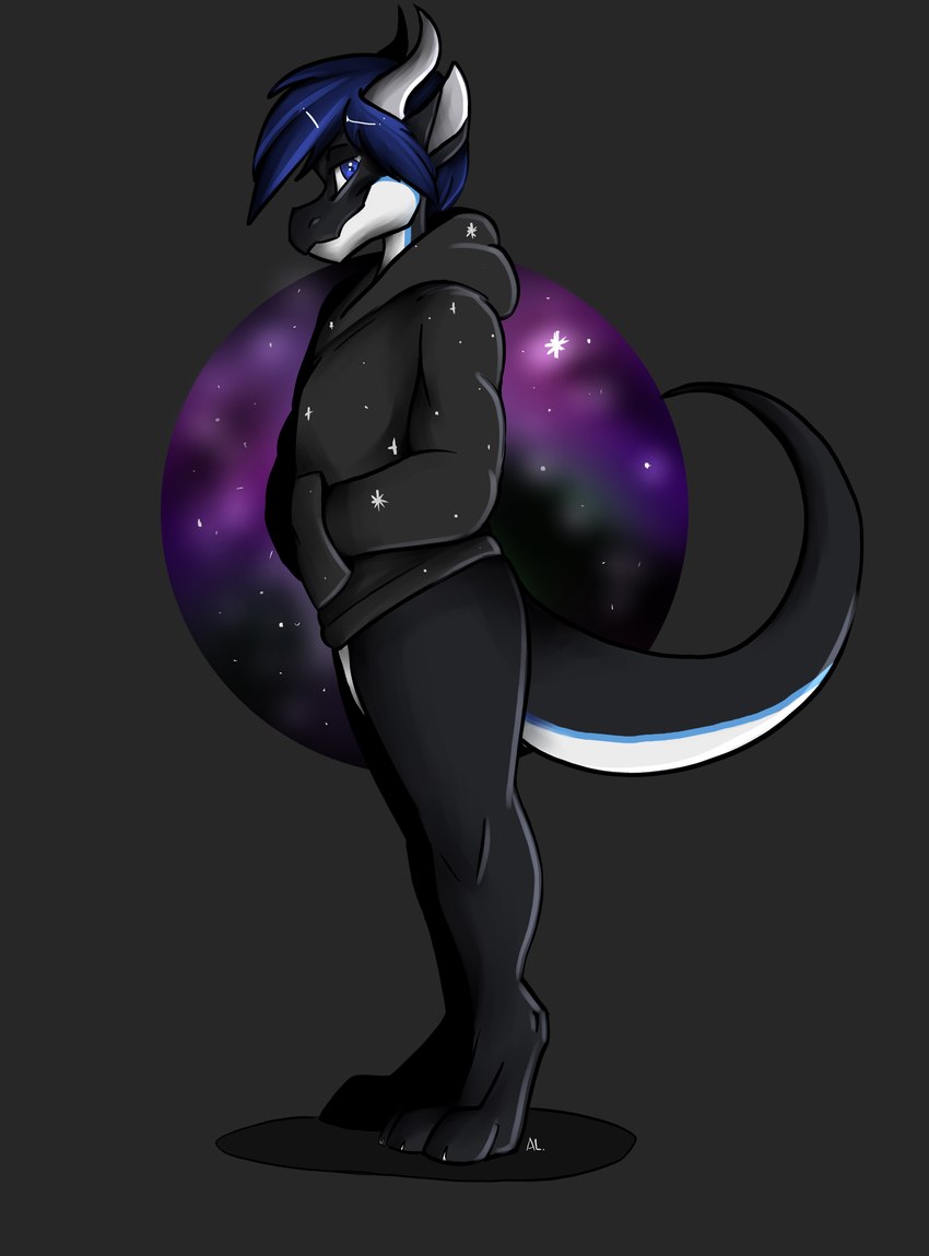 anthro biped circle claws clothing cosmic_background hoodie paws side_view solo space space_background standing tail topwear mythology dragoshi dragon mythological_creature mythological_scalie scalie absurd_res digital_media_(artwork) full-length_portrait hi_res portrait