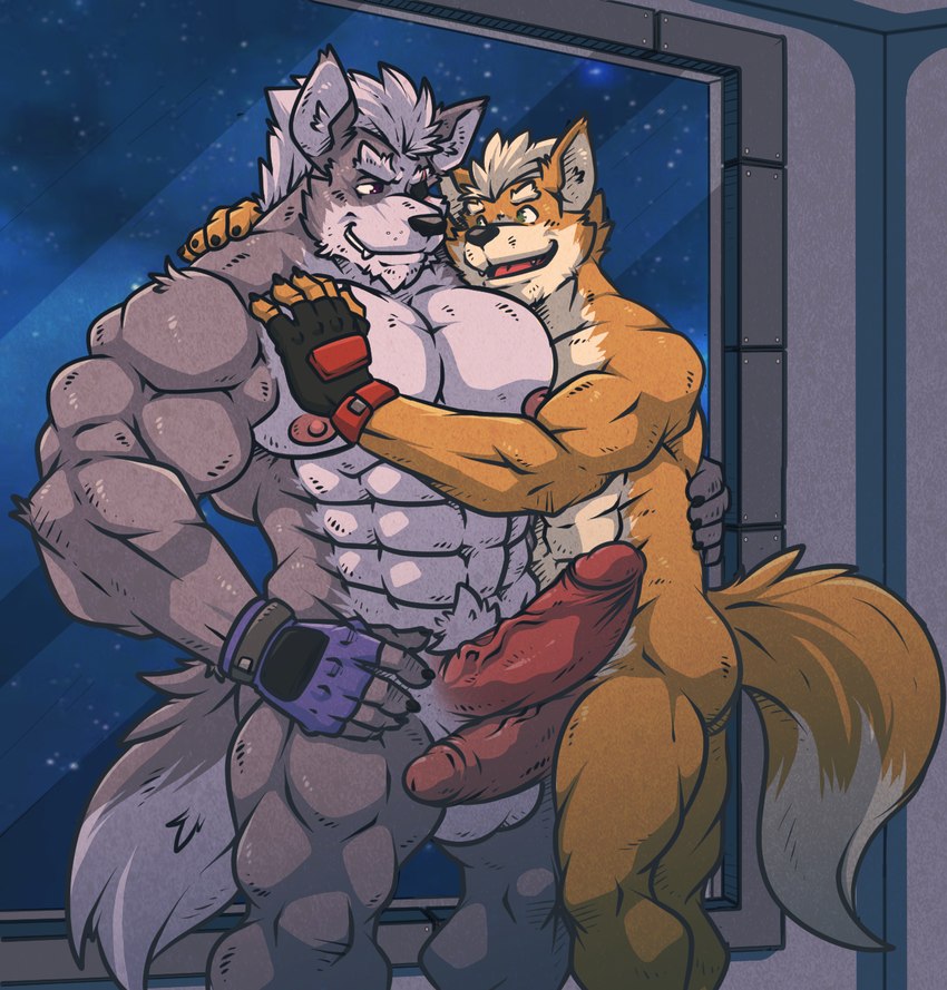 abs anthro balls big_balls big_pecs big_penis duo erection fur genitals grey_body grey_fur hug humanoid_genitalia humanoid_penis male male/male muscular muscular_anthro muscular_male nipples orange_body orange_fur pecs penis vein veiny_penis rackun nintendo star_fox fox_mccloud wolf_o'donnell canid canine canis fox mammal wolf hi_res