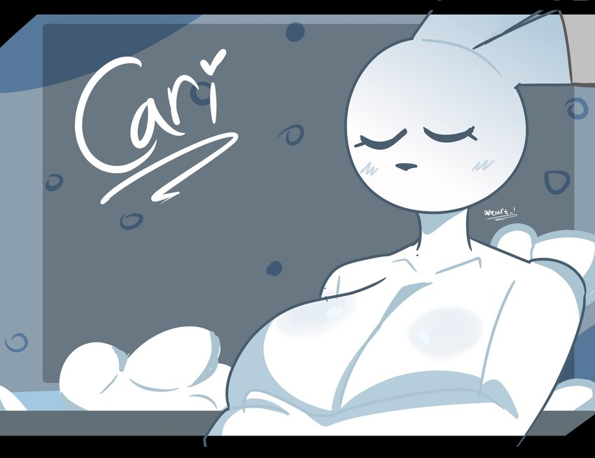 anthro big_breasts blush breasts eyelashes eyes_closed female fur huge_breasts long_ears nude simple_eyes solo white_body white_fur nexart cari_(probablydemo) lagomorph leporid mammal rabbit absurd_res character_name hi_res signature