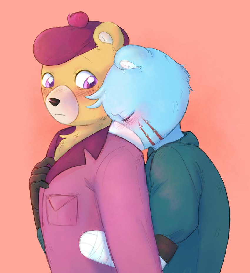 anthro blue_body blush clothing duo hat headgear headwear hug hugging_another hugging_from_behind purple_eyes scar shirt simple_background topwear abbytabbys unicorn_wars azulin_(unicorn_wars) cabo_pompon_(unicorn_wars) bear mammal 2023 hi_res